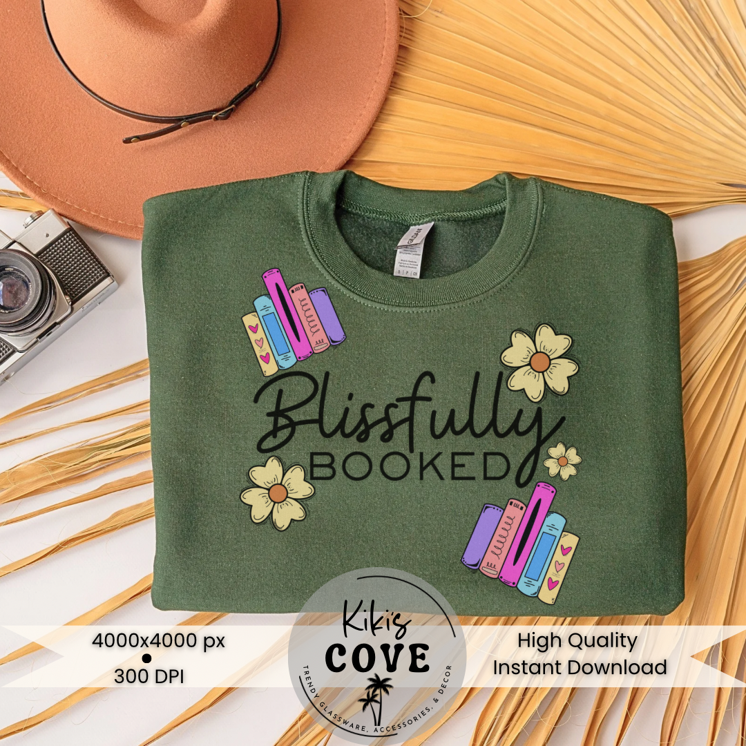 Blissfully Booked PNG Digital Download | Hand-Drawn Stack of Books and Flower Design