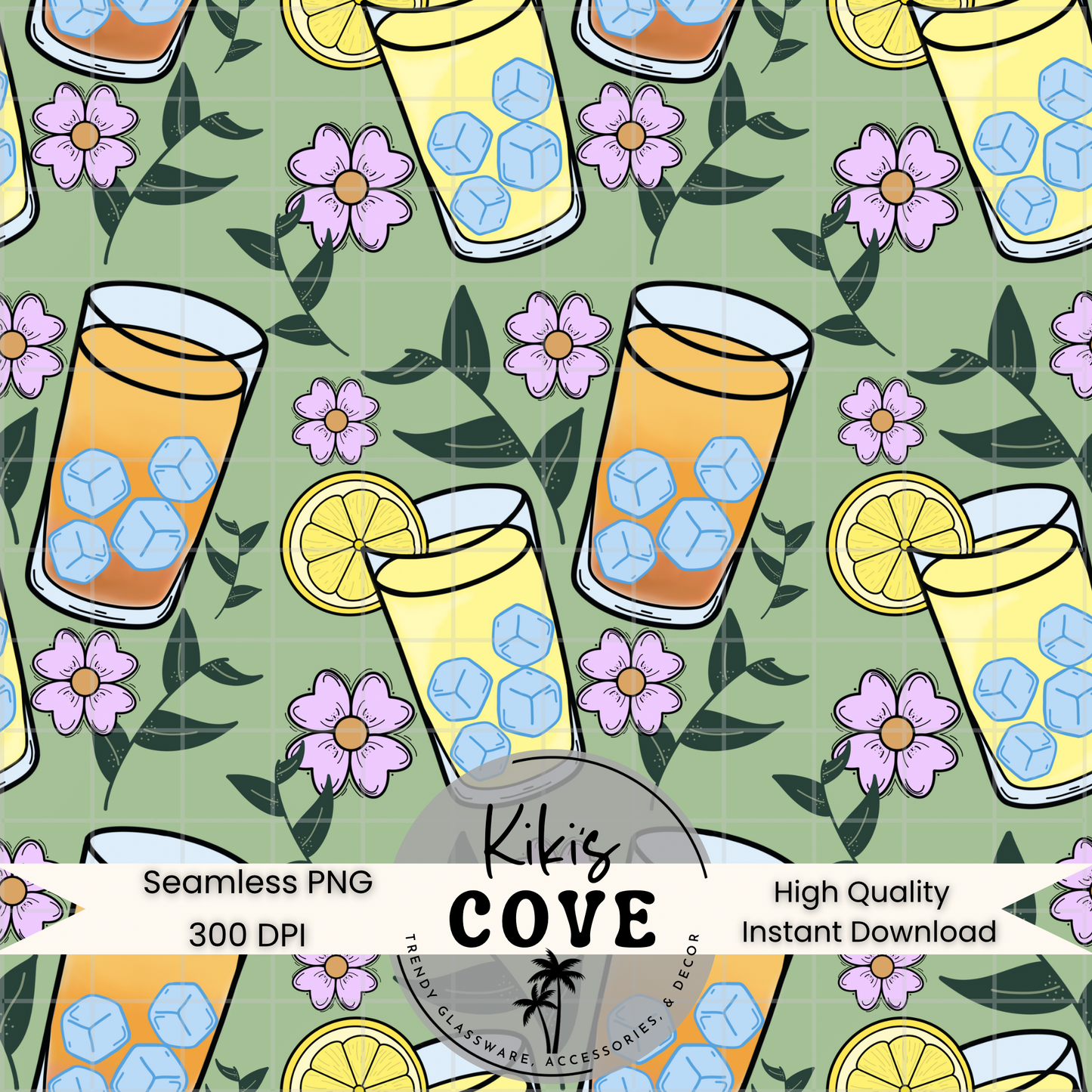 Summer Iced Tea & Lemonade Seamless Pattern – Hand-Drawn Digital Download PNG | Sage Green Background| 300 DPI| 2 Sizes| Instant Download Summer Digital Download | Sublimation PNG | Hand Drawn (300 DPI)