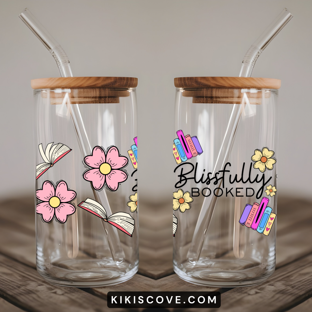 Blissfully Booked Glass Can PNG Wrap | Hand-Drawn Books & Flowers Design