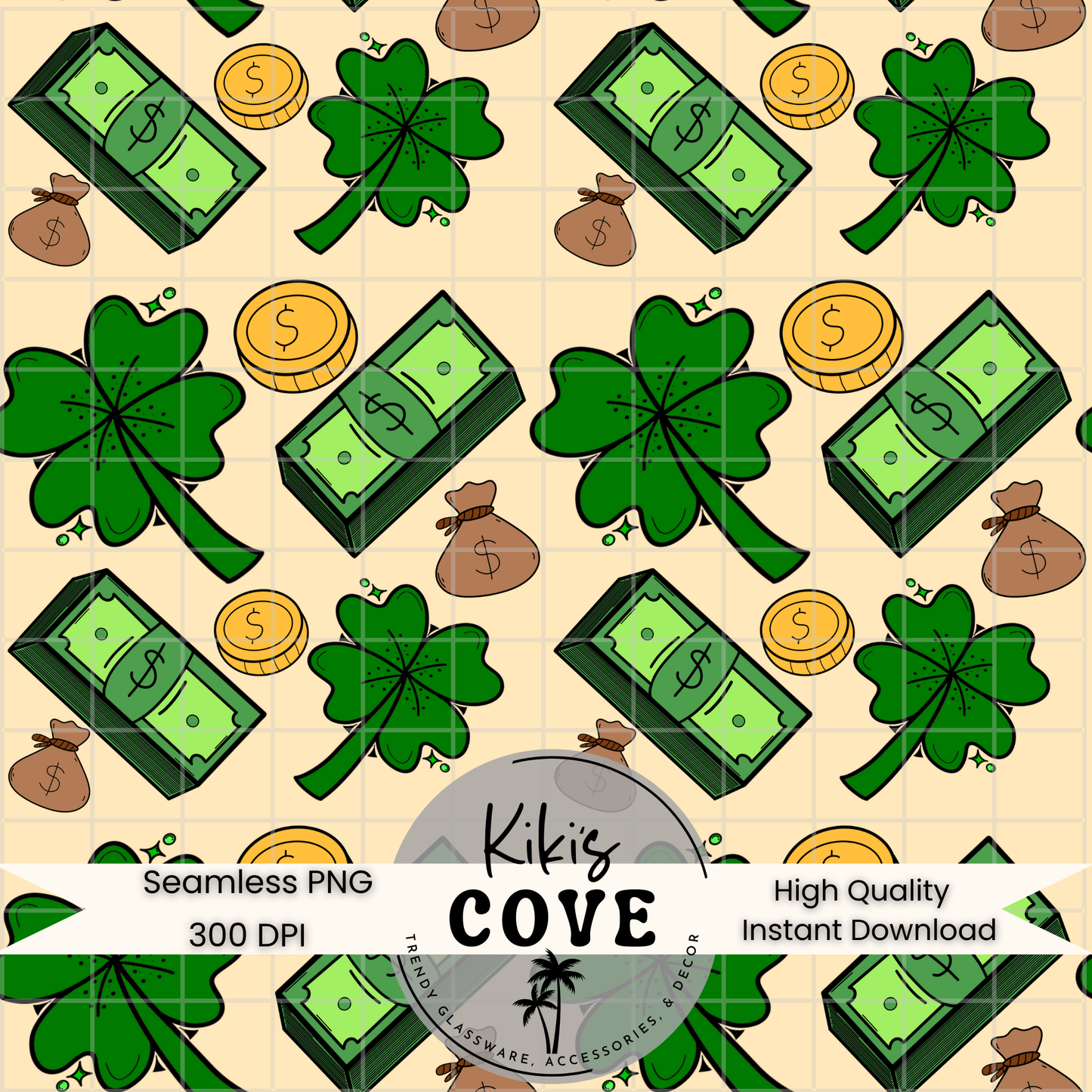 Lucky Money Seamless Pattern – Four Leaf Clover & Money Theme PNG (300 DPI)