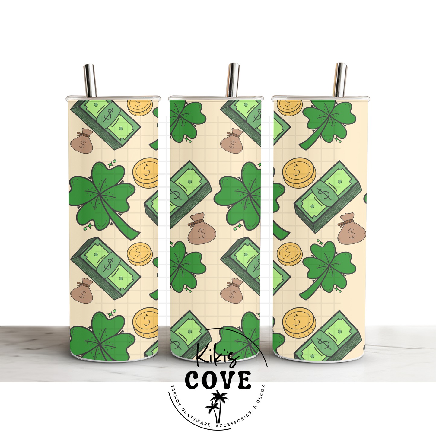Lucky Money Seamless Pattern – Four Leaf Clover & Money Theme PNG (300 DPI)