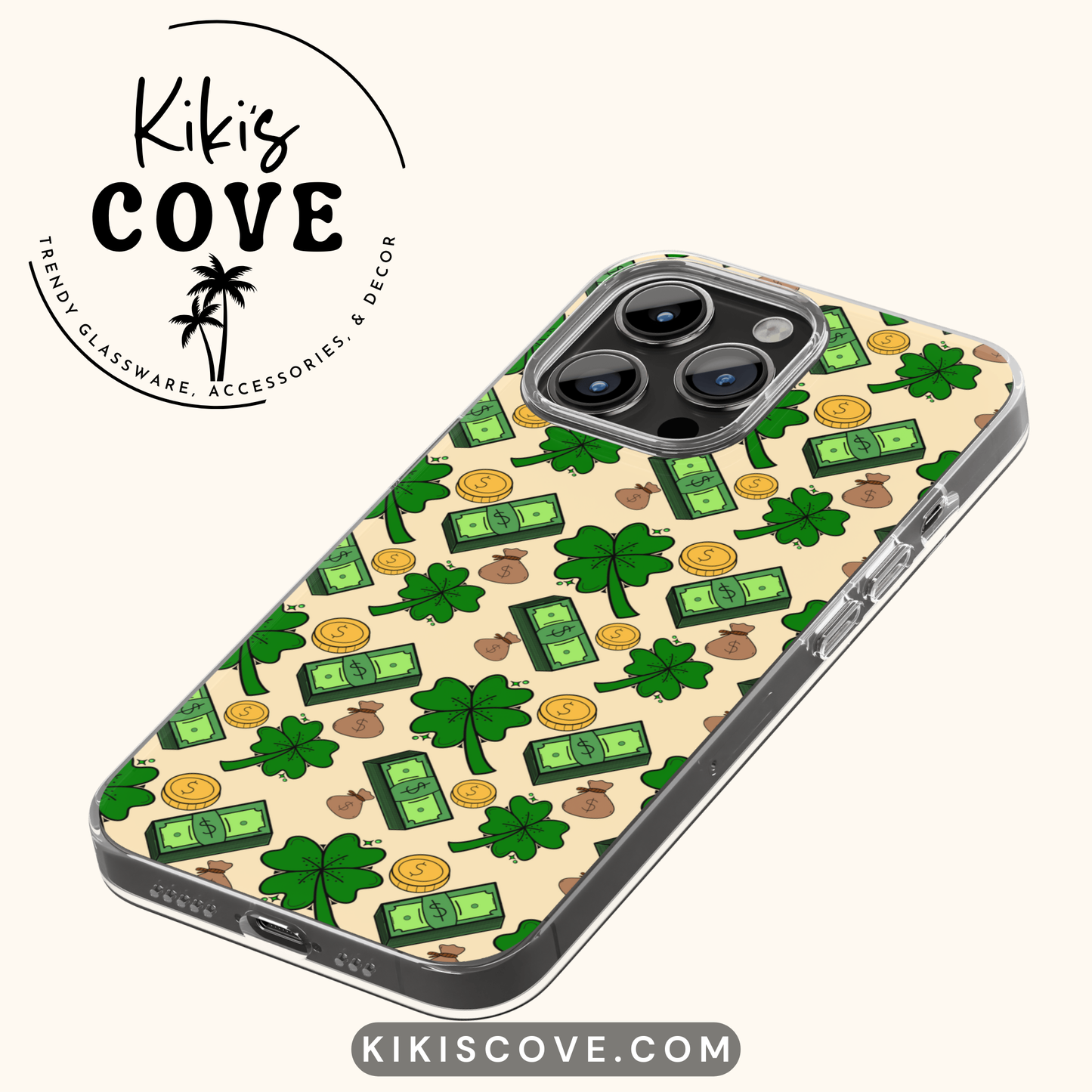 Lucky Money Seamless Pattern – Four Leaf Clover & Money Theme PNG (300 DPI)