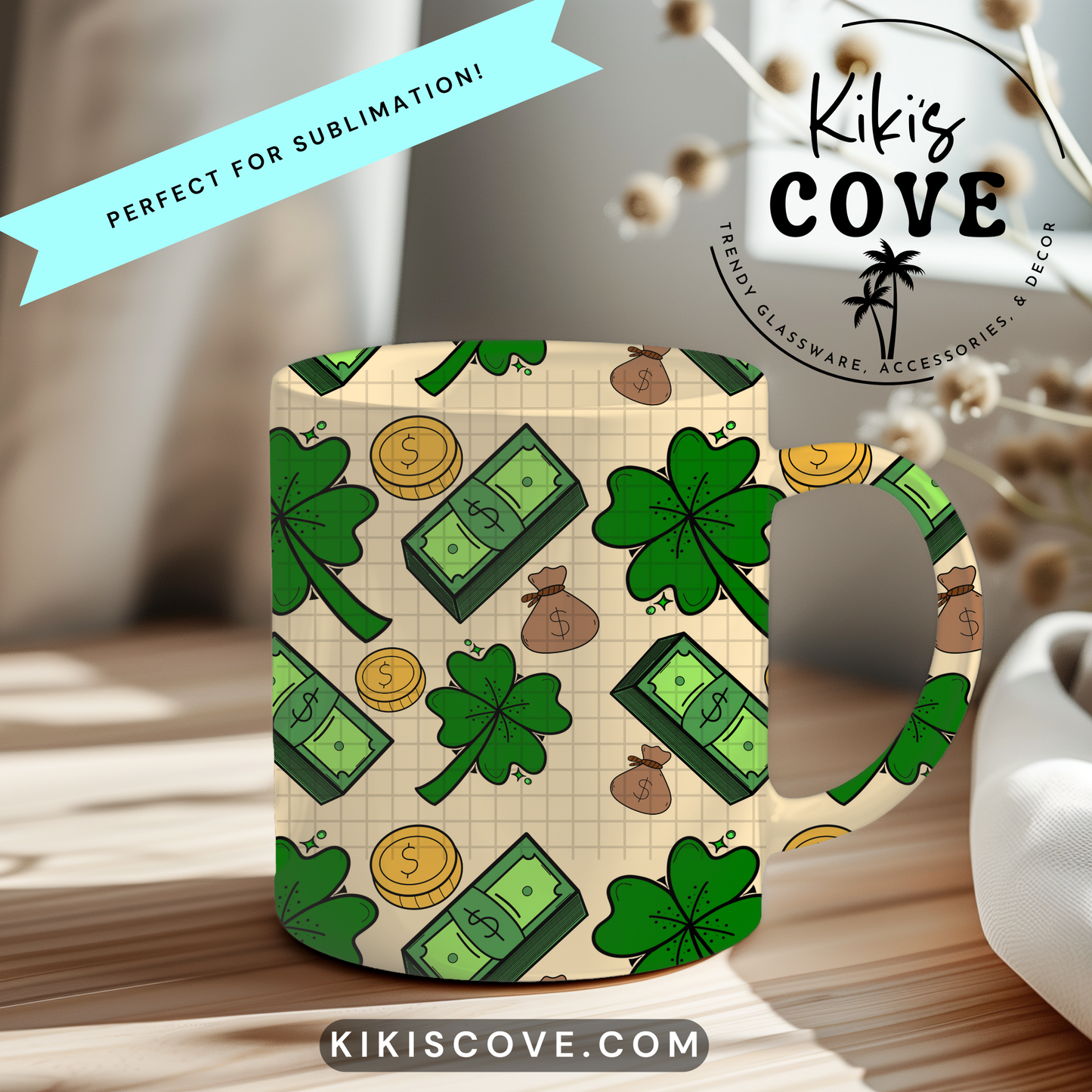 Lucky Money Seamless Pattern – Four Leaf Clover & Money Theme PNG (300 DPI)