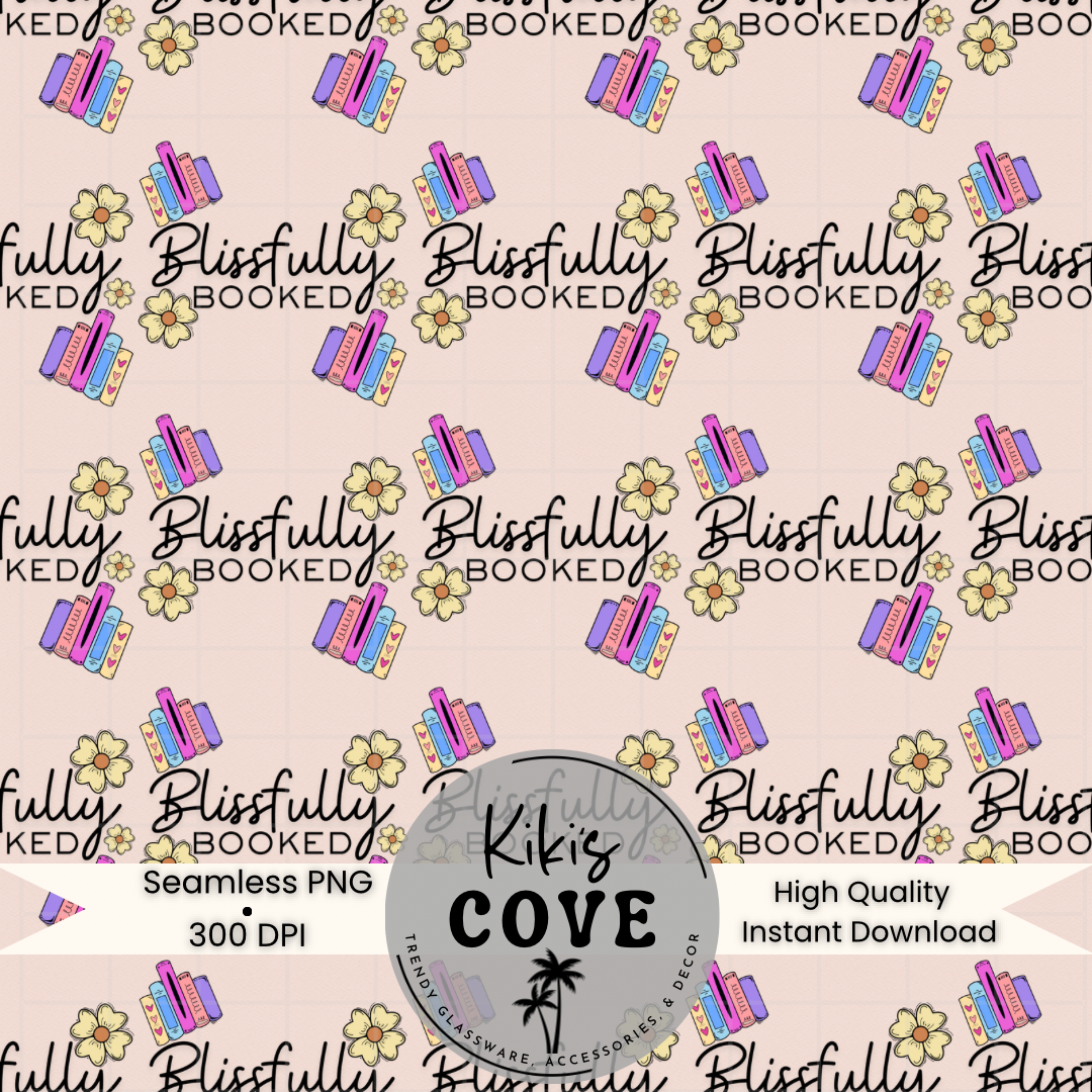 Blissfully Booked Seamless PNG Digital Download | Sublimation PNG | Hand-Drawn Stack of Books and Flower Design