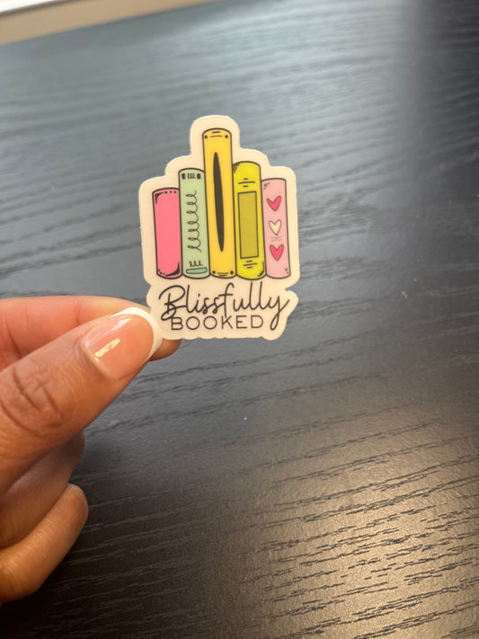 Blissfully Booked Sticker – Clear Weatherproof Bookish Decal | Scratch & Fade Resistant Matte Vinyl by