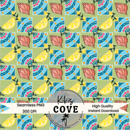 Amalfi Dream – Seamless Mediterranean-Inspired Seamless Pattern – Hand-Drawn Digital Download PNG | Light Green Background| 300 DPI| 2 Sizes| Instant Download Summer Digital Download | Sublimation PNG