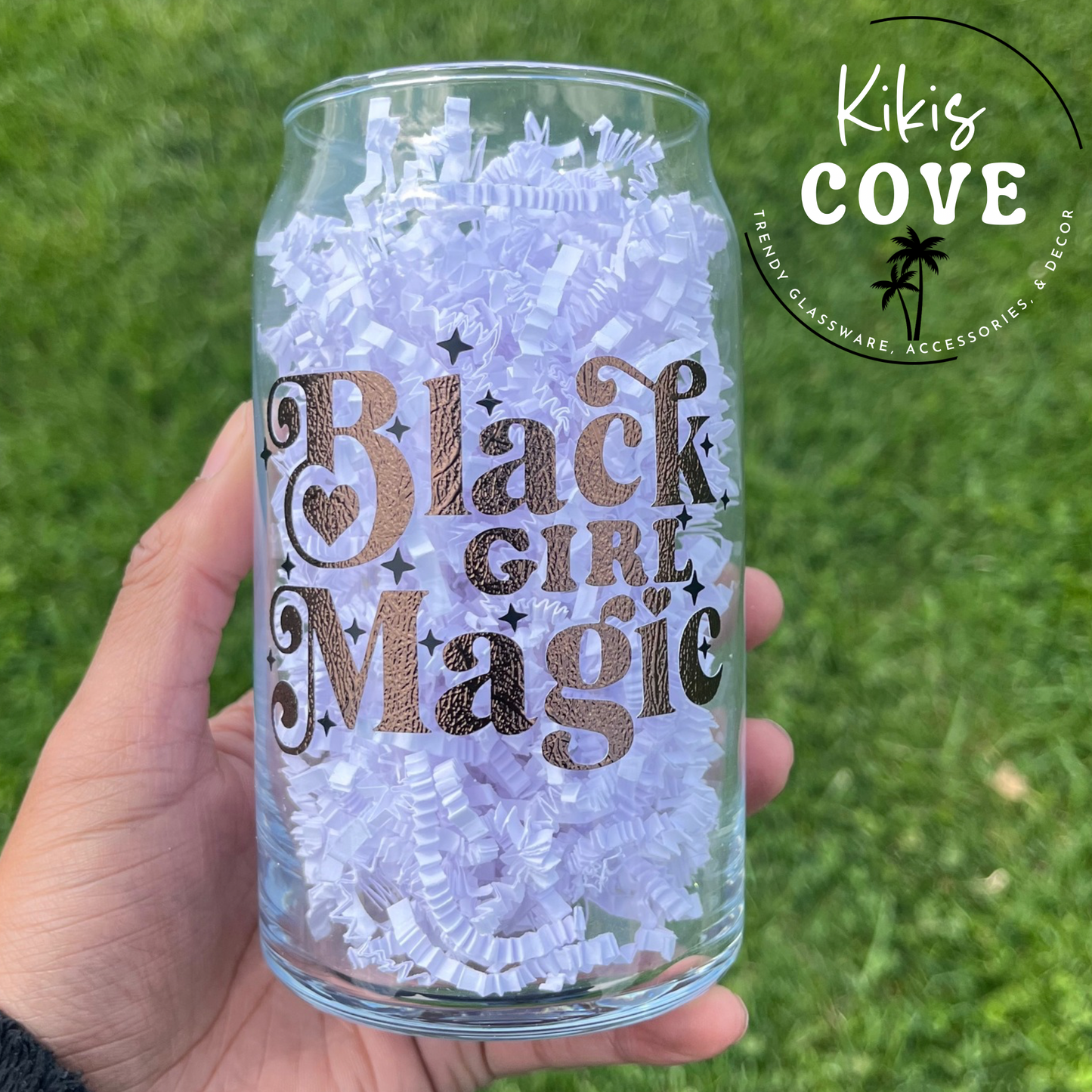 Black Girl Magic Glass Can – 16 oz with Bamboo Lid & Cheetah Straw