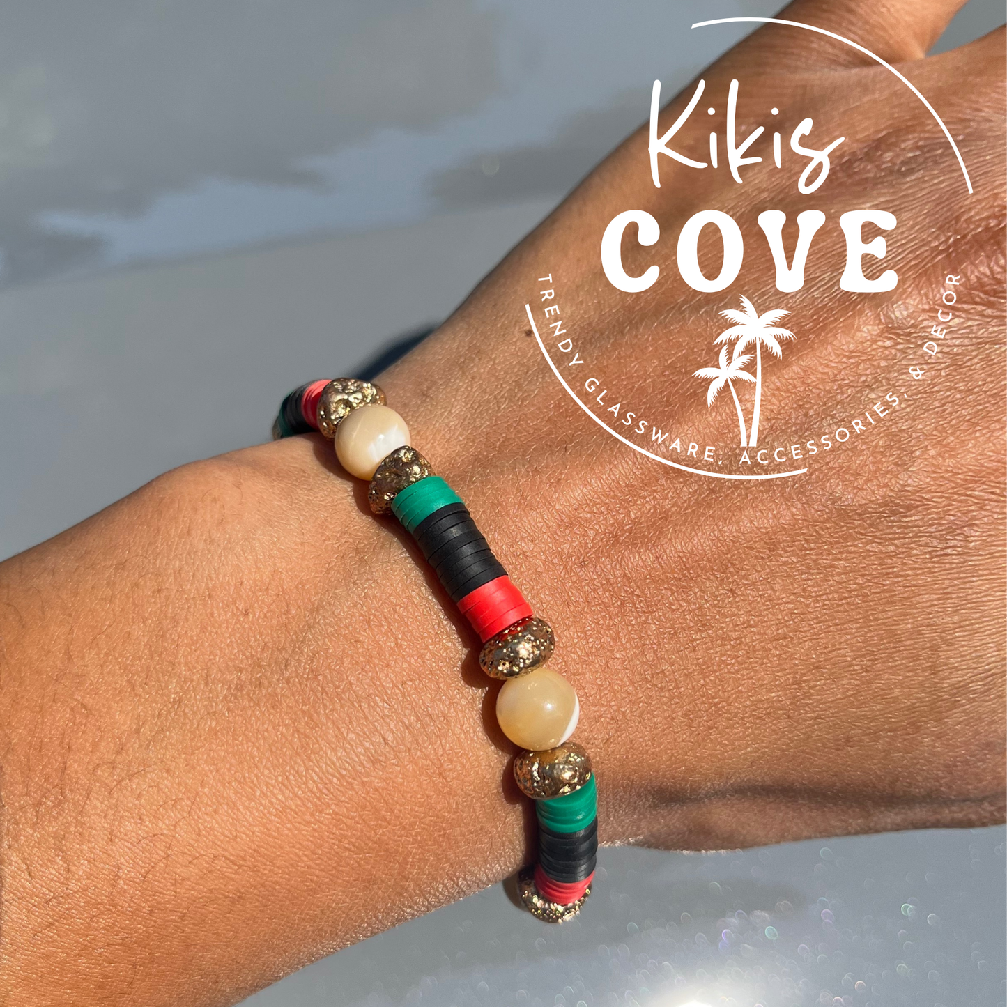 Vibrant Black, Red & Green Beaded Bracelet with Gold & Mother of Pearl Accents