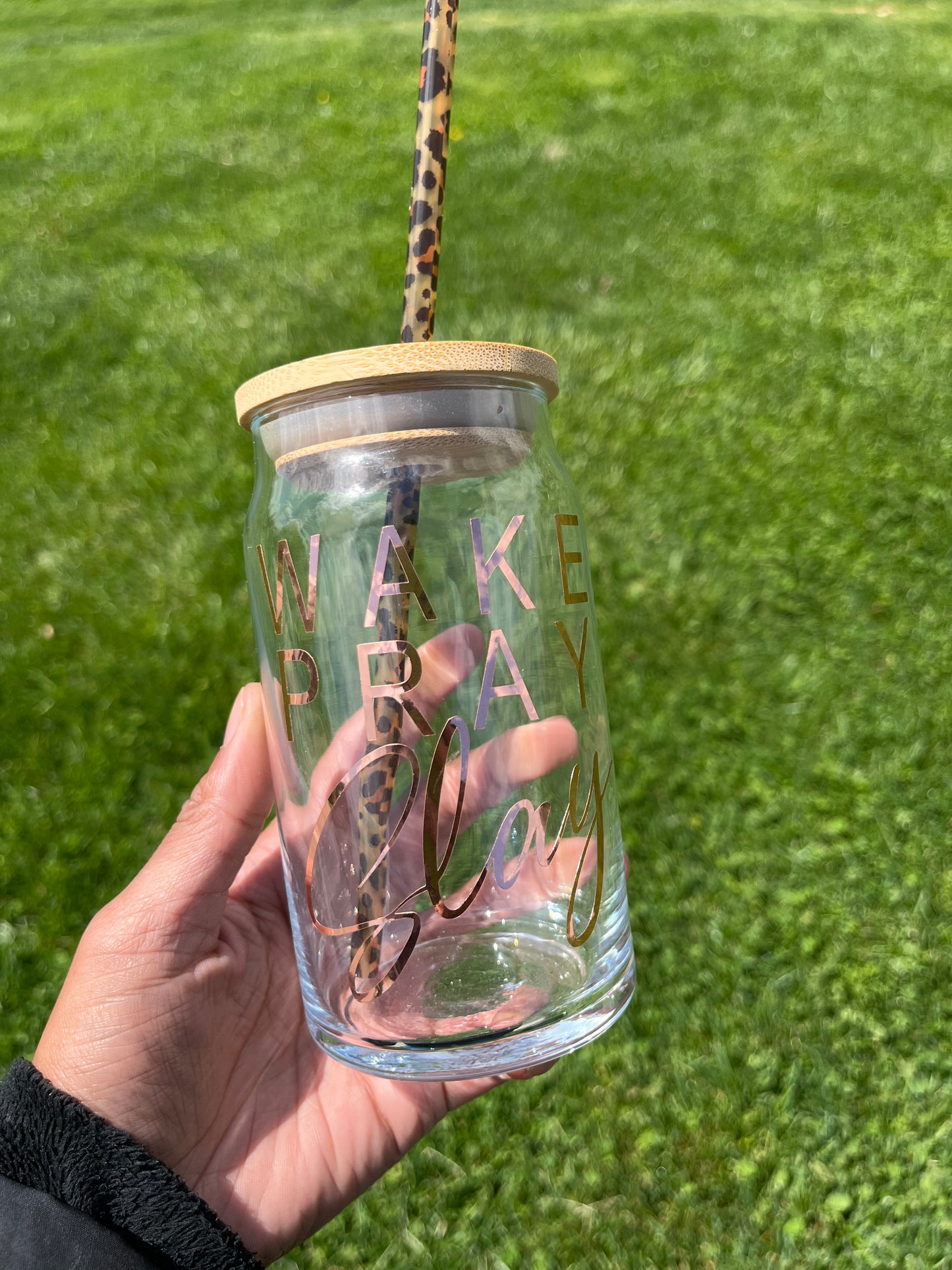 'Wake Pray Slay' Rose Gold Glass Can – 16 oz with Bamboo Lid & Cheetah Straw